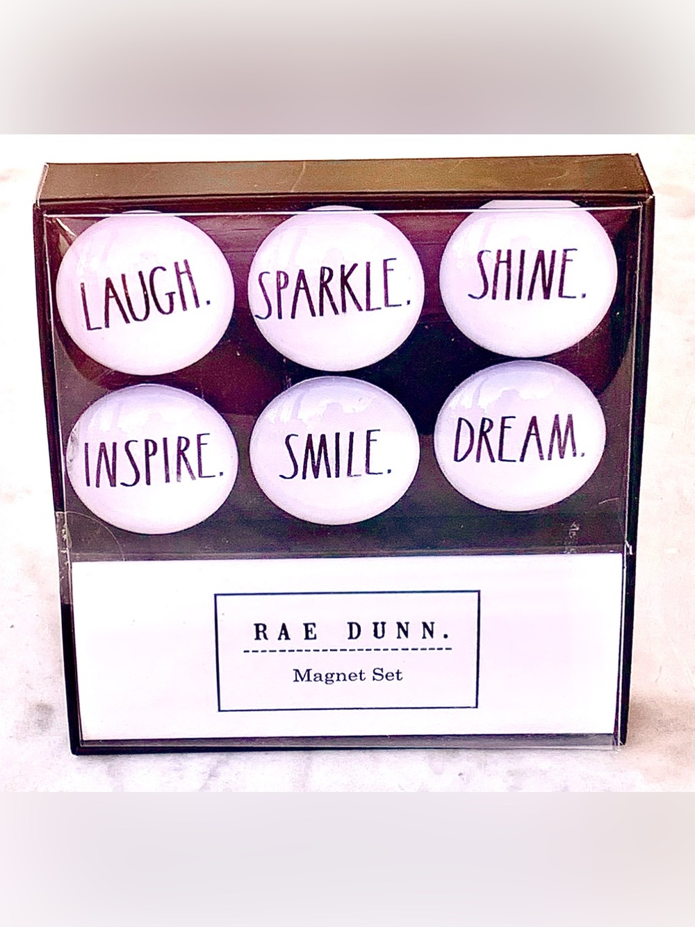 RAE DUNN “LAUGH” MAGNET SET 6 GLASS ROUND DOME NEW WHITE BLACK SMILE INSPIRE